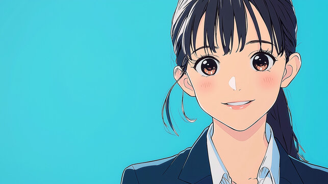 Professional young woman with long dark hair in a navy blue blazer over a white blouse, standing confidently against a bright turquoise background. Modern and approachable character illustration.