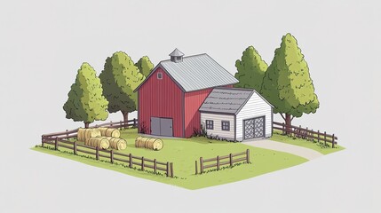 A simple, minimalistic cartoon-style illustration of a red barn surrounded by trees and a small yard with bales in the background. 