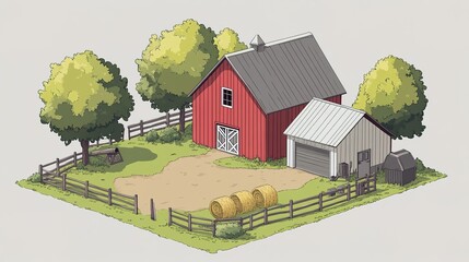A simple, minimalistic cartoon-style illustration of a red barn surrounded by trees and a small yard with bales in the background. 