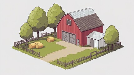A simple, minimalistic cartoon-style illustration of a red barn surrounded by trees and a small yard with bales in the background. 