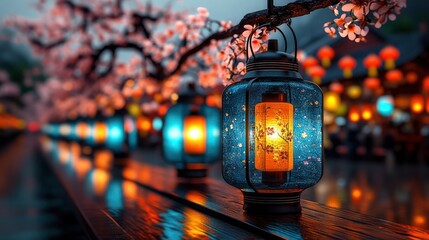 Obraz premium Taipei's Colorful Night Market: A Vibrant and Bustling Scene with Lanterns and Long Exposures