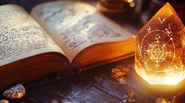 A magical scene featuring an ancient book filled with cryptic writing, paired with a glowing crystal engraved with celestial symbols. The warm, enchanting light from the crystal illuminates 