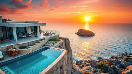 Fototapeta premium modern luxury villa with elegant swimming pool with panoramic views of sun-drenched azure sea coast