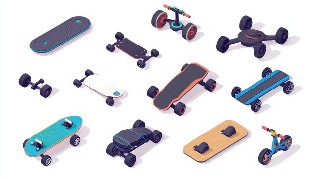 A set of electric skateboards and hoverboards on a white isolated background