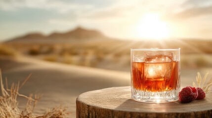 An exquisite cocktail with ice and raspberries set against a natural backdrop, representing a perfect blend of elegance and relaxation for summer gatherings.