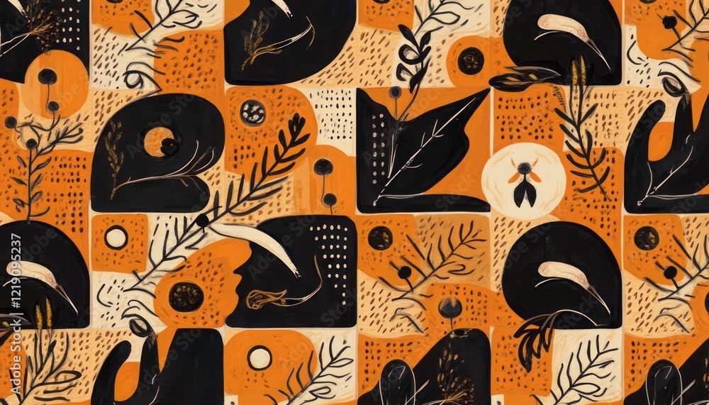 Wall mural this captivating abstract pattern features a harmonious blend of black and orange shapes, intertwine