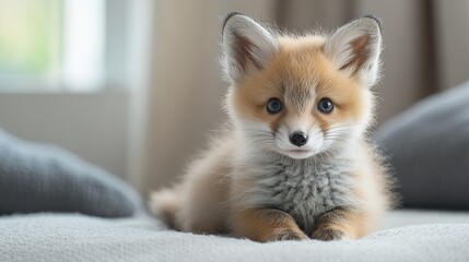 cute baby red fox lying on grey bedspread by window.