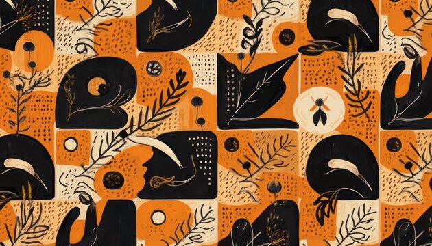 This captivating abstract pattern features a harmonious blend of black and orange shapes, intertwined with delicate botanical illustrations. The design evokes a sense of warmth and creativity, perfect