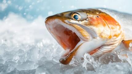 This image captures a freshly caught trout resting on ice, showcasing its vibrant color and detailed features as it opens its mouth in a striking pose.