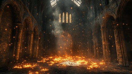 Obraz premium Mysterious Fire Illuminates Dark Cathedral with Clock Tower Creating an Eerie and Enigmatic Atmosphere