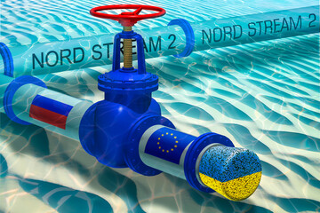 A blue and red valve is on top of a blue pipe. The valve is labeled Nord Stream 2. A symbol of Russia's conflict with Ukraine