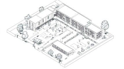 Fototapeta premium Minimalist line drawing, isometric view of an urban school with outdoor play area and garden, in black on a white background.