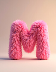 The letter M is covered in pink fluffy soft fur on pastel background