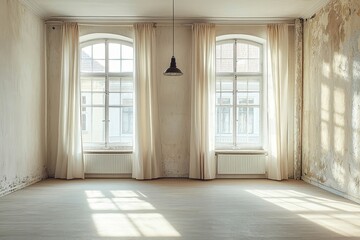 Obraz premium A spacious empty room in an urban apartment, featuring two large windows with light curtains and a vintage hanging light fixture.