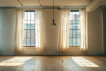 A spacious empty room in an urban apartment, featuring two large windows with light curtains and a vintage hanging light fixture.