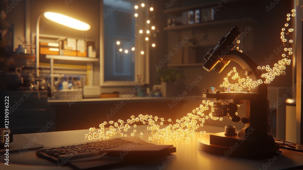 Poster a modern laboratory workspace featuring a microscope and glowing particles, perfect for science and 