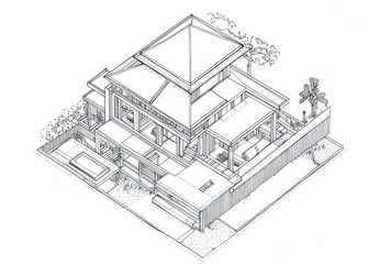 Simple line drawing of an isometric view of a Bali villa, white background, black ink on paper, minimalistic.