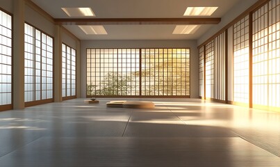 Obraz premium A 3D rendering of an empty room in a style, with traditional elements and minimalistic design, creating a serene and tranquil atmosphere ,