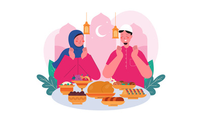 Iftar Eating after Fasting Feast Party Concept. Flat Design Illustration of Muslim Family Breaking the Fast in Ramadan. Design for Landing Page, Banner, Background, Poster, Social Media Post Template.