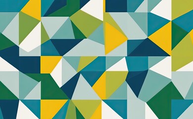 A vibrant abstract geometric pattern with intersecting shapes in shades of yellow, teal, green, and white.