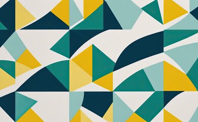 A vibrant abstract geometric pattern with intersecting shapes in shades of yellow, teal, green, and white.