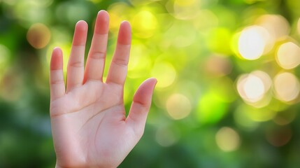 Open Hand Palm Against Green Bokeh Background