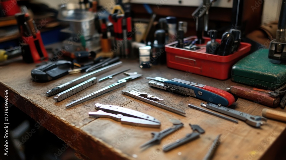 Poster a neatly arranged set of engineering calipers and a micrometer on a workbench.