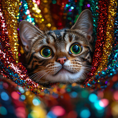  bengal cat playing glittering ribbon