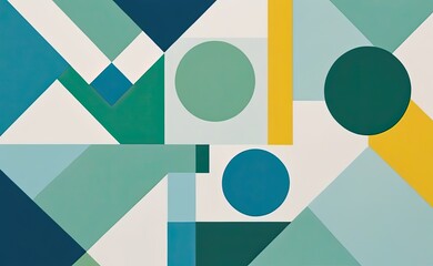 A vibrant abstract geometric pattern with intersecting shapes in shades of yellow, teal, green, and white.