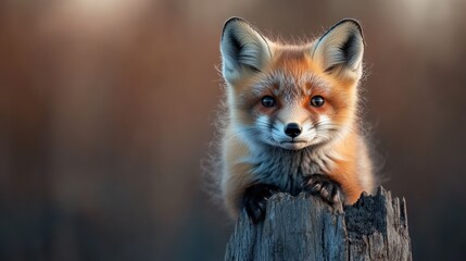 Obraz premium A delightful fox cub stands on a weathered stump, its curious gaze inviting viewers to explore the wonders of nature and wildlife in this captivating outdoor scene.