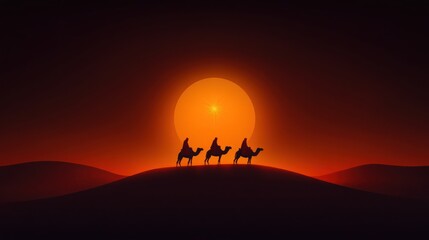 Three Wise Men on Camelback Traversing the Desert in Search of the Guiding Star