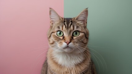 Obraz premium A close-up of a tabby cat with striking green eyes, set against a pastel pink and green background, showcasing its inquisitive expression.
