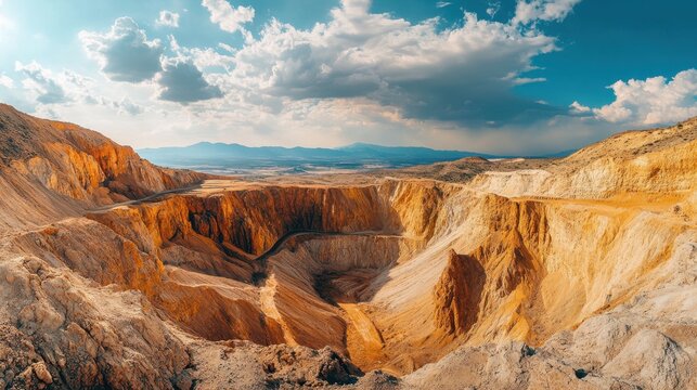 A panoramic view of a phosphate mine with massive trenches carved into the earth.