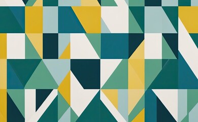 A vibrant abstract geometric pattern with intersecting shapes in shades of yellow, teal, green, and white.