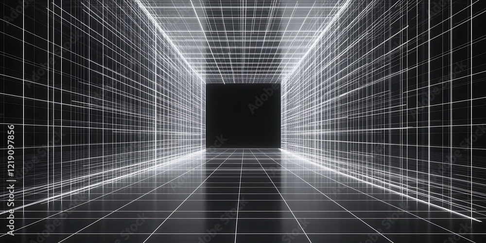 Poster abstract futuristic corridor with glowing lines and a perspective view. a digital landscape that fee
