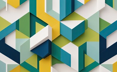 Obraz premium A vibrant abstract geometric pattern with intersecting shapes in shades of yellow, teal, green, and white.