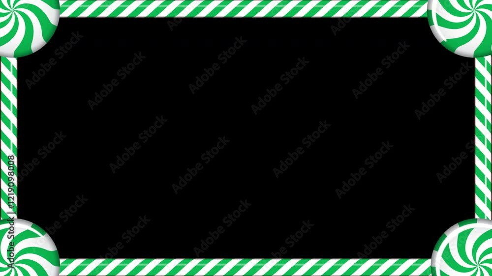 Poster rectangle candy cane frame animation with green and white striped lollipop pattern. seamless animati