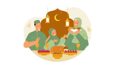 Iftar Eating after Fasting Feast Party Concept. Flat Design Illustration of Muslim Family Breaking the Fast in Ramadan. Design for Landing Page, Banner, Background, Poster, Social Media Post Template.
