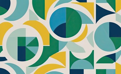 Obraz premium A vibrant abstract geometric pattern with intersecting shapes in shades of yellow, teal, green, and white.