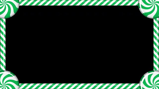 Rectangle candy cane frame animation with green and white striped lollipop pattern. Seamless animation. Transparent background with alpha channel