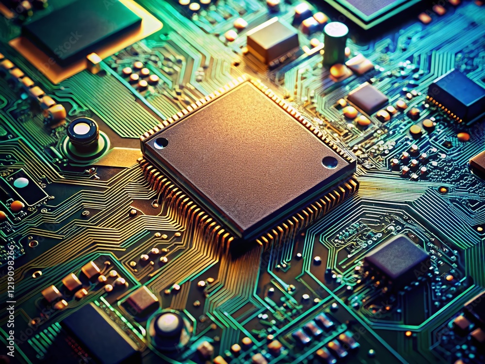 Poster minimalist tech: close-up of microchips on circuit board