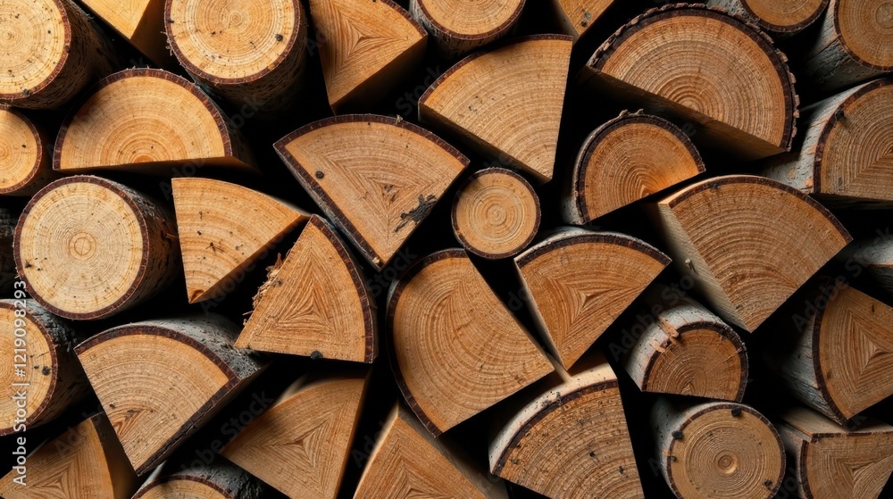 Poster a detailed close-up view of a stack of uniformly sliced and organized wood logs, revealing the intri