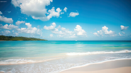 Obraz premium Stunning beach landscape with turquoise ocean waves gently washing pristine sandy shore.