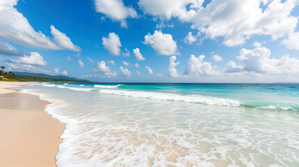 Stunning beach landscape with turquoise ocean waves gently washing pristine sandy shore.