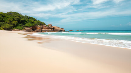 Obraz premium Stunning beach landscape with turquoise ocean waves gently washing pristine sandy shore.