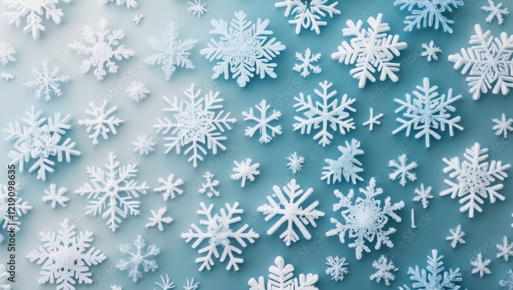 Poster a vibrant array of snowflakes scattered against a blue background, showcasing intricate patterns and