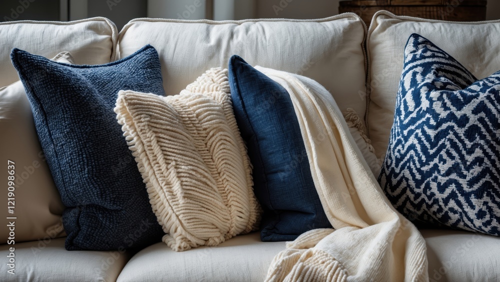 Poster a cozy sofa adorned with textured pillows and a soft throw, creating a stylish and inviting living s