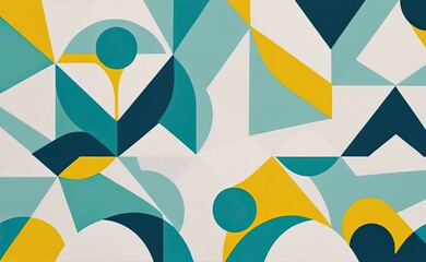 A vibrant abstract geometric pattern with intersecting shapes in shades of yellow, teal, green, and white.