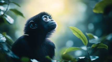 A gibbon howling from the canopy of a dense jungle