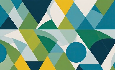 A vibrant abstract geometric pattern with intersecting shapes in shades of yellow, teal, green, and white.